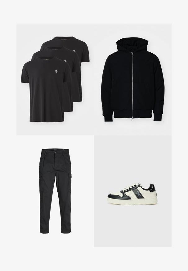 Čierna kapucňová bunda s predným zipsom, klokaními vreckami, rebrovanými manžetami a lemom, zobrazená na bielom pozadí.; Tričká z čiernej bavlny s krátkym rukávom, okrúhlym výstrihom a malým bielym logom na ľavej hrudi. Hladký materiál a bežný strih.; Čierne cargo nohavice z odolnej látky, s viacerými vreckami, gombíkovým zapínaním a úzkym strihom so zúženými nohavicami.; Kožené tenisky v čierno-krémovej farbe, s perforovanými akcentmi, polstrovaným golierom a štruktúrovanou podrážkou.