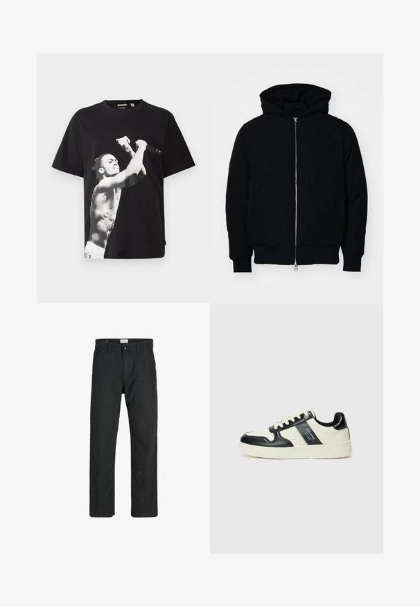 Melna kapucēta jaka ar priekšējo rāvējslēdzēju, kenguru kabatu, ribinātām aprocēm un apakšmalu, parādīta uz vienkārša balta fona.; Melna lielizmēra T-krekls ar lielu melnbaltu grafiku, kurā attēlots krekla bez krekla tēls, kas tur mikrofonu. Izgatavots no kokvilnas auduma.; Melnas bikses no izturīga auduma, ar taisna griezuma dizainu, izšūtām akcentiem un divām priekšējām kabatām funkcionālitātei.; Ādas sporta apavi ar melnbaltu krāsu shēmu, ar perforētiem akcentiem, mīkstinātu apkakli un teksturētu zoli.