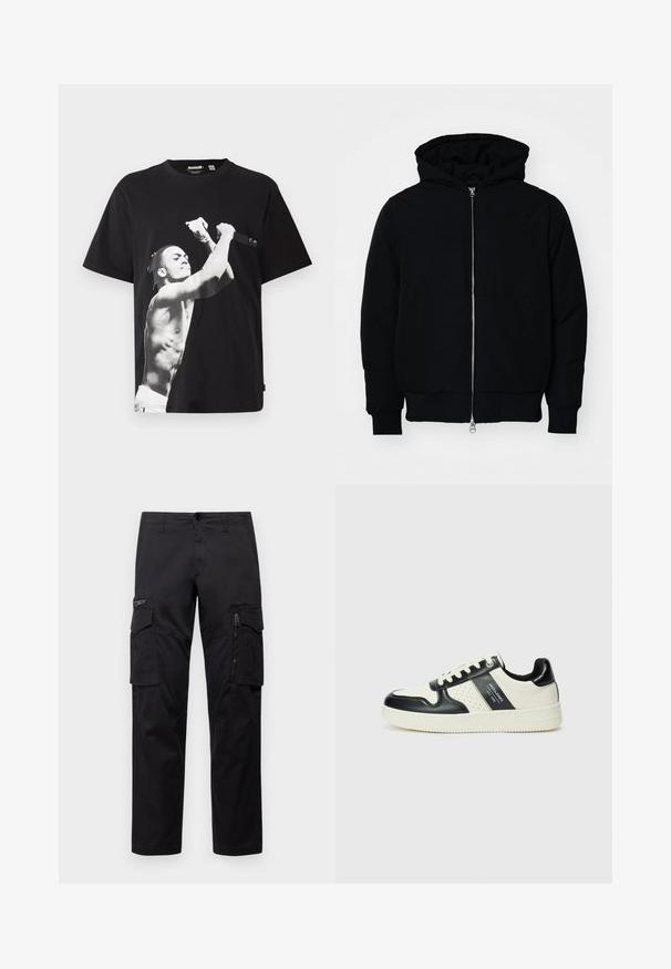 Sort hættejakke med frontlynlås, kængurulomme, ribbede manchetter og kant, præsenteret på en ensfarvet hvid baggrund.; Sort oversized t-shirt med et stort sort-hvidt grafik af en shirtløs figur, der holder en mikrofon. Fremstillet af bomuldsstof.; Sorte cargo-bukser med multiple lommer, en lynlåslomme på låret, lige pasform og holdbart bomuldsstof med let glans.; Lædersneakers i sort og creme farveskema, med perforerede detaljer, en polstret krave og en struktureret ydersål.