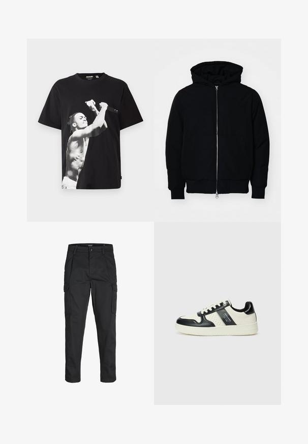 Juodas gobtuvėlis su priekiniu užtrauktuku, kengūros tipo kišene, lygiais rankogaliais ir apvadu, pateiktas ant vientiso balto fono.; Juodas per didelis marškinėlis su dideliu juodos ir baltos spalvos grafiniu vaizdu, vaizduojančiu be marškinėlių stovintį žmogų, laikantį mikrofoną. Pagamintas iš medvilninės medžiagos.; Juodi krovinių tipo džinsai, pagaminti iš tvirto audinio, su keliais kišeniais, mygtuko uždarymu ir siauru, prigludusiu dizainu su siaurėjančiomis kojomis.; Odiniai sportbačiai juodos ir kreminės spalvų schemoje, su perforuotais akcentais, paminkštinta apykakle ir tekstūruotu padu.