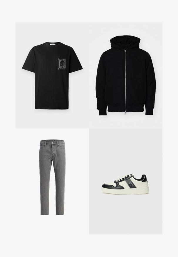 Svart huoodiejacka med framdragkedja, känguruficka, ribbade ärmslut och nederkant, uppställd mot en vit bakgrund.; Svart bomullströja med korta ärmar, med ett grafiskt tryck på vänster bröst och en liten röd detalj nära halsringningen.; Grå denimjeans med rak passform, femficksdesign och metallknäppning. Tyget har en mjuk, strukturerad yta.; Läder sneakers med en svart och krämfärgad färgsättning, med perforerade detaljer, en vadderad krage och en strukturerad yttersula.