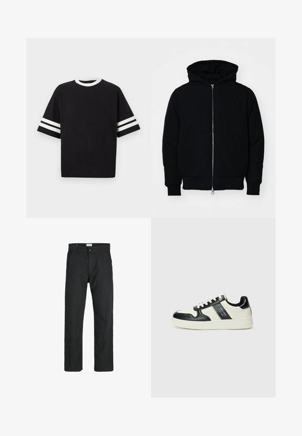 Mustaga kapuutsiga jakk, millel on esineed, kenguru tasku, soonikkoes, ja alläär, esitatud lihtsal valgel taustal.; Must värv, lühikeste varrukatega T-särk, mis on valmistatud puuvillast, ümar valge kaelusega ja kummagi varruka peal on kaks horisontaalset valget triipu.; Mustad mustad, mis on valmistatud vastupidavast kangast, sirge jala disainiga, õmmeldud detailidega ja kahe eesmise taskuga funktsionaalsuse jaoks.; Nahatud nahkkingad musta ja kreemi värviskeemiga, millel on perforeeritud aktsendid, pehme krae ja tekstureeritud tallad.