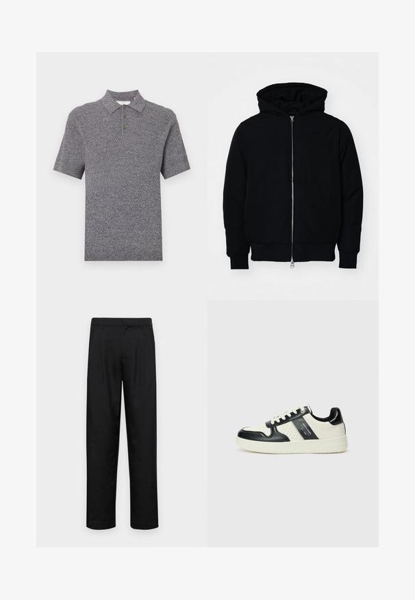Svart hettejakke med frontglidelås, kengurulomme, ribbestrikket mansjetter og søm, vist på en ensfarget hvit bakgrunn.; T-skjorte med korte ermer i teksturert marineblått stoff, med foldet krage, tre-knapps placket og ribbestrikket kant.; Sorte bukser laget av glatt stoff, med rette ben, to frontfoldninger og standard liv med beltehemper.; Lædersneakers med sort og creme farveskema, der har perforerede detaljer, en polstret krave og en struktureret ydersål.