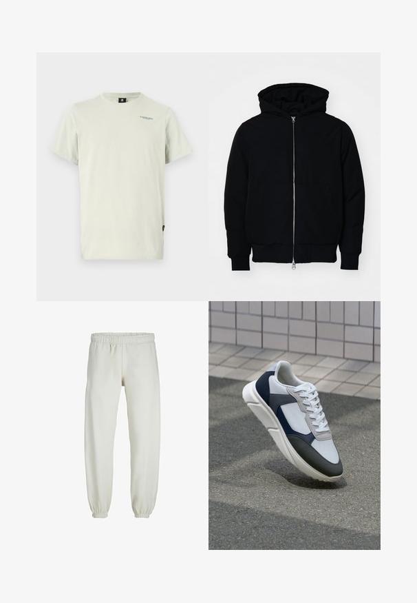 Črna kapuca jakna s sprednjim zadrgo, kenguru žepom, rebrastimi manšetami in hemom, razstavljena na enostavni beli ozadju.; Svetlo bež majica iz mehkega bombažnega materiala. Ima okroglo ovratnico, kratke rokave in manjši logotip potiskan na zgornji levi strani.; Bele trenerke narejene iz mehkega blaga, z elastičnim pasom in manšetami, gladke teksture in ohlapnega kroja.; Bela, mornarsko modra in siva športna obutev z mešano materialno zasnovo, ki vključuje teksturirano zgornji del, ravne vezalke in oblazinjen podplat.
