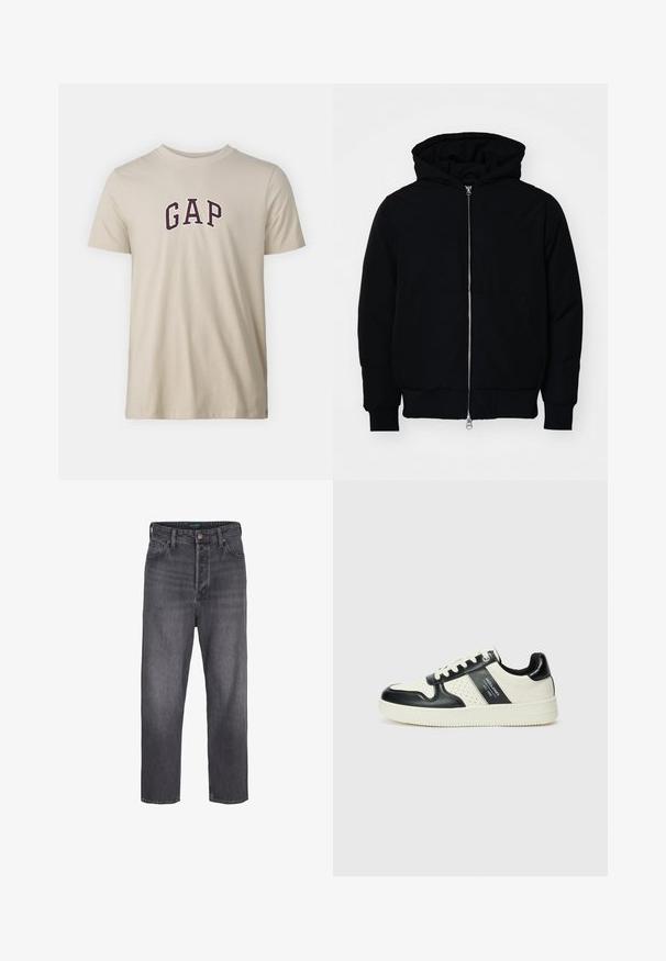 Black hooded jacket with front zipper, kangaroo pocket, ribbed cuffs, and hem, displayed on a plain white background.; GAP NEW ARCH - Print T-shirt - bedrock; Dark gray denim jeans with a straight leg design, high waist, five-pocket styling, and light fading. Metal button and zip fly closure.; Leather sneakers with a black and cream color scheme, featuring perforated accents, a padded collar, and a textured outsole.