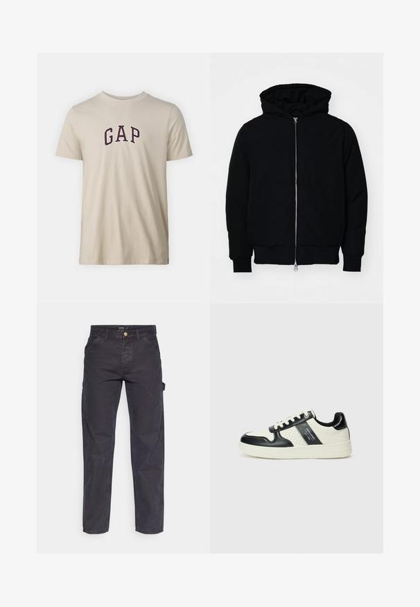 Melna kapucēta jaka ar priekšējo rāvējslēdzēju, kenguru kabatu, ribinātām aprocēm un apakšmalu, parādīta uz vienkārša balta fona.; GAP NEW ARCH - Apdrukāts T-krekls - bedrock; Tumši pelēki kravas bikses, kas izgatavotas no izturīga auduma, ar taisnu piegriezumu, piecām kabatām un pogu aizdari viduklī.; Ādas sporta apavi ar melnbaltu krāsu shēmu, ar perforētiem akcentiem, mīkstinātu apkakli un teksturētu zoli.