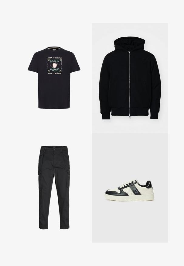 Black hooded jacket with front zipper, kangaroo pocket, ribbed cuffs, and hem, displayed on a plain white background.; Black cotton t-shirt featuring a colorful graphic design with the text "KEEP IT SIMPLE" and "SLOW DOWN" surrounded by circular patterns.; Black cargo pants made of sturdy fabric, featuring multiple pockets, a button closure, and a slim fit design with tapered legs.; Leather sneakers with a black and cream color scheme, featuring perforated accents, a padded collar, and a textured outsole.