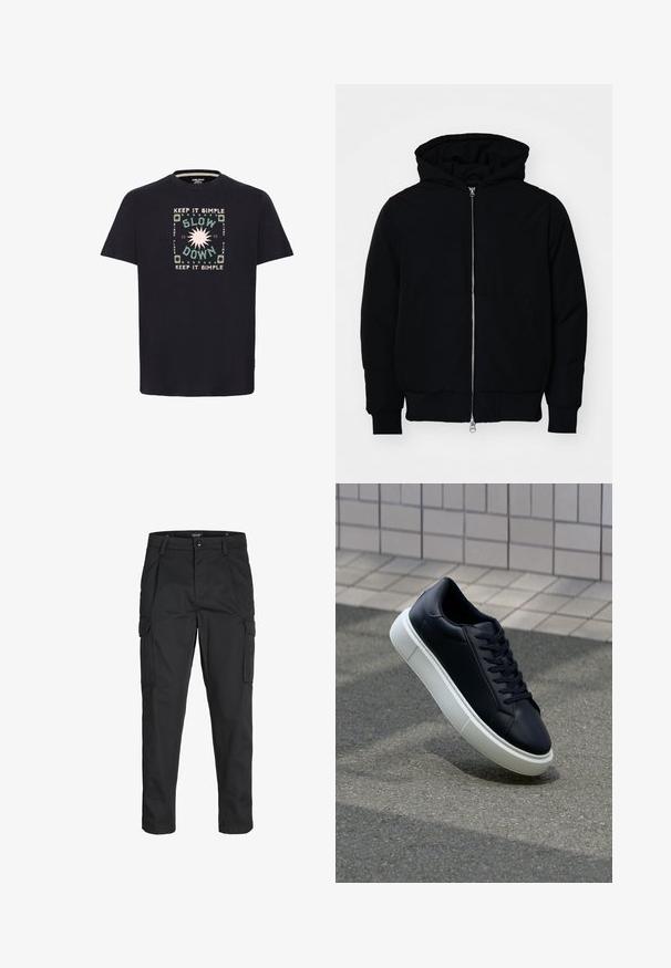 Čierna kapucňová bunda s predným zipsom, klokaními vreckami, rebrovanými manžetami a lemom, zobrazená na bielom pozadí.; Čierne bavlnené tričko s farebným grafickým dizajnom, na ktorom je text "Udržujte to jednoduché" a "Zvoľte tempo" obklopený kruhovými vzormi.; Čierne cargo nohavice z odolnej látky, s viacerými vreckami, gombíkovým zapínaním a úzkym strihom so zúženými nohavicami.; Čierne kožené tenisky s okrúhlou špičkou a bielou gumovou podrážkou. Majú ploché šnúrky a minimálne šitie na vrchu. Textúrovaná podrážka pre lepšiu priľnavosť.