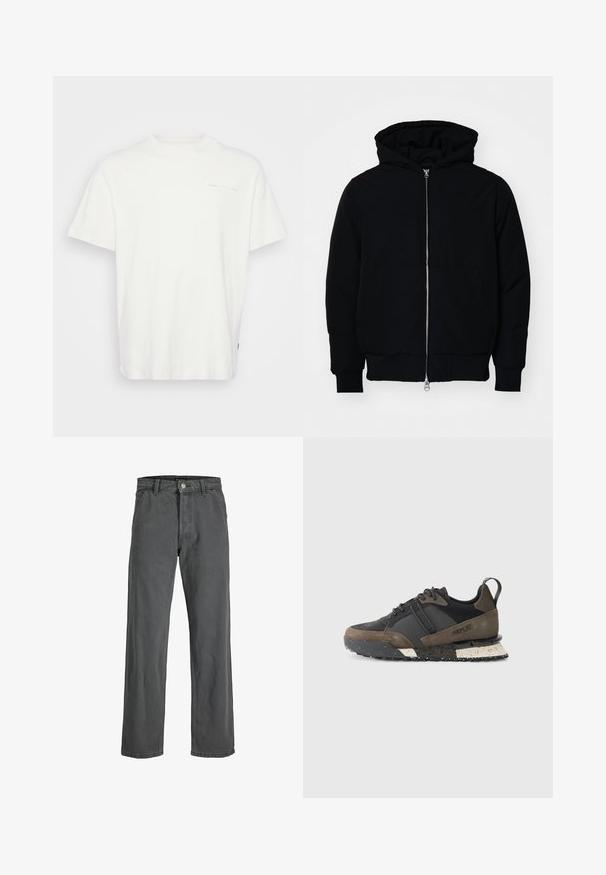 Fekete kapucnis dzseki elülső cipzárral, kenguruzsebbel, bordázott mandzsettákkal és aba, egy sima fehér háttér előtt.; Fehér pamut póló kerek nyakkal, rövid ujjal és egy kicsi nyomtatott logóval elöl. Lazább szabású és sima tapintású.; Sötétszürke, bő szárú farmernadrág, amely denim anyagból készült. Elöl gombos és cipzáras záródással, övbujtókkal és klasszikus öt zsebes kialakítással rendelkezik.; Replay FIELD JUPITER CRAFT - Sportcipő - black/dark grey