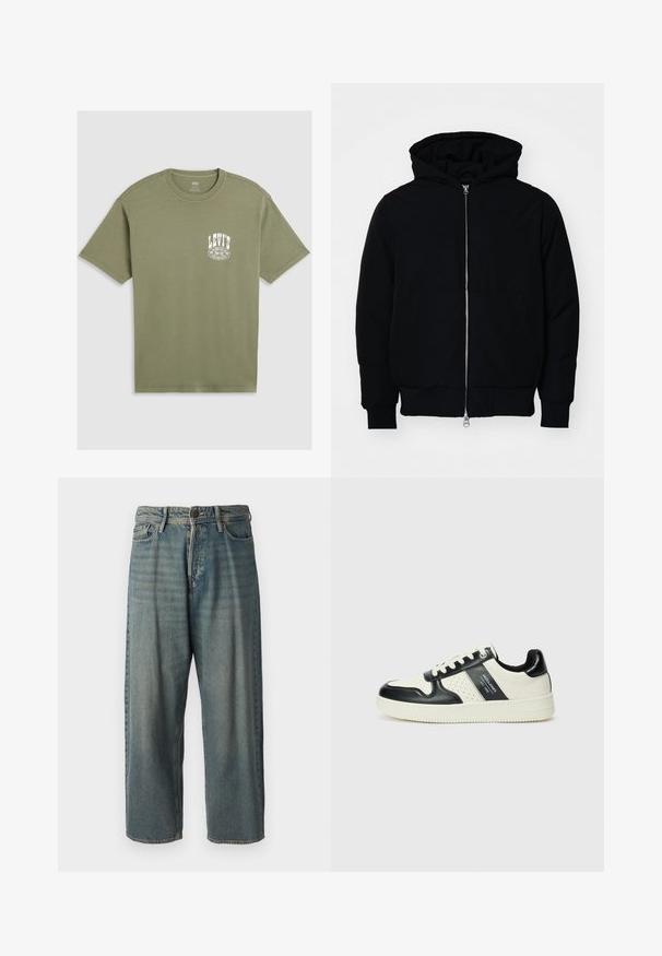 Black hooded jacket with front zipper, kangaroo pocket, ribbed cuffs, and hem, displayed on a plain white background.; Olive green cotton t-shirt with a round neck, short sleeves, and a white Levi's logo printed on the left chest. Smooth texture, casual fit.; Light blue denim jeans with a loose fit, mid-rise waist, and straight legs. Features five pockets, belt loops, and a button closure.; Leather sneakers with a black and cream color scheme, featuring perforated accents, a padded collar, and a textured outsole.