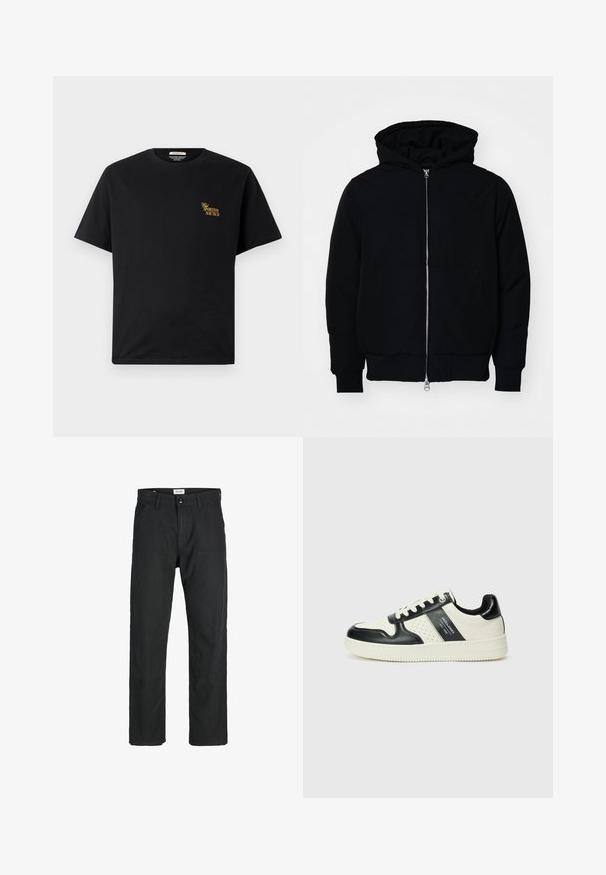 Zwarte hoodie met rits aan de voorkant, kangoeroe-pocket, geribbelde manchetten en zoom, weergegeven op een effen witte achtergrond.; Zwarte katoenen t-shirt met een ronde hals en korte mouwen. Bevat gouden "Sportivo Nautico" tekst op de linkerborst. Eenvoudig ontwerp.; Zwarte broeken gemaakt van duurzame stof, met een recht gesneden ontwerp, gestikte accenten en twee voorzakken voor functionaliteit.; Leren sneakers met een zwart en crèmekleurig kleurenschema, voorzien van geperforeerde accenten, een gevoerde kraag en een gestructureerde buitenzool.