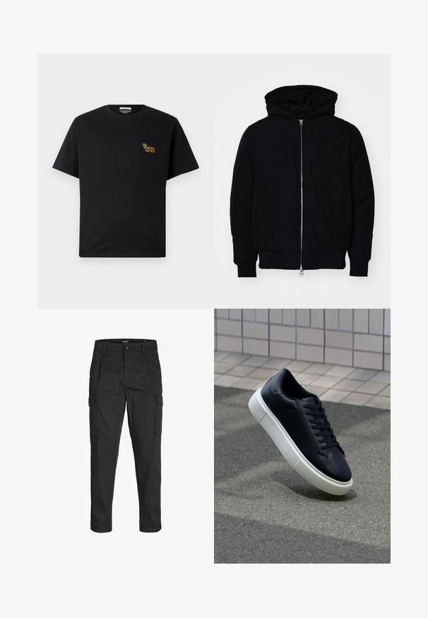 Black hooded jacket with front zipper, kangaroo pocket, ribbed cuffs, and hem, displayed on a plain white background.; Black cotton t-shirt with a crew neckline and short sleeves. Features gold "Sportivo Nautico" text on the left chest. Simple design.; Black cargo pants made of sturdy fabric, featuring multiple pockets, a button closure, and a slim fit design with tapered legs.; Black leather sneaker with rounded toe and white rubber sole. Features flat laces and minimal stitching on the upper. Textured sole for grip.