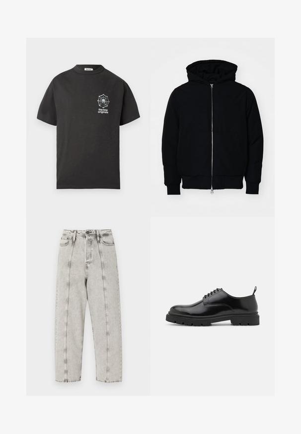 Juodas gobtuvėlis su priekiniu užtrauktuku, kengūros tipo kišene, lygiais rankogaliais ir apvadu, pateiktas ant vientiso balto fono.; Juodas medvilnės marškinėliai su apvaliu kaklu ir trumpomis rankovėmis. Kairėje krūtinės pusėje yra baltas voratinklio grafikas. Paprastas ir neformalus dizainas.; Pilka aukšta juosmens džinsai su laisvu siluetu, tiesios kojų dizainas, matoma siūlė ir nusidėvėjusi tekstūra.; Juodos odinės šlepetės su raišteliais, su suapvalintu pirštu, lygiu paviršiumi ir griūvančiu guminiu padu. Yra nedidelis kulniukas ir kilpa gale.