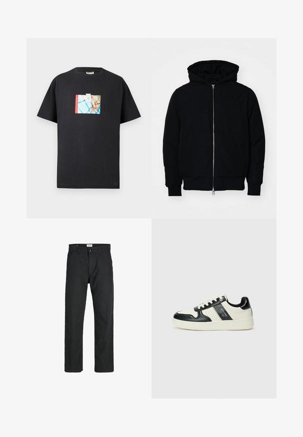 Chaqueta negra con capucha, cierre frontal, bolsillo tipo canguro, y puños y dobladillo acanalados, exhibida sobre un fondo blanco liso.; Camiseta de algodón negra con un gráfico impreso de un aro de baloncesto sobre un fondo azul, con acento en texto rojo "parkwayCOURTS".; Pantalones negros de tela duradera, con un diseño de pierna recta, detalles cosidos y dos bolsillos frontales para mayor funcionalidad.; Zapatillas de cuero con un esquema de colores negro y crema, que cuentan con acentos perforados, un collar acolchado y una suela texturizada.