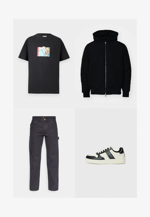 Svart hettejakke med frontglidelås, kengurulomme, ribbestrikket mansjetter og søm, vist på en ensfarget hvit bakgrunn.; Svart bomull T-skjorte med grafisk trykk av en basketballkurv på en blå bakgrunn med rødt "parkwayCOURTS"-tekstaksel.; Mørkegrå cargo bukser laget av slitesterkt stoff, med rett benklipp, fem lommer og knapplukking i livet.; Lædersneakers med sort og creme farveskema, der har perforerede detaljer, en polstret krave og en struktureret ydersål.