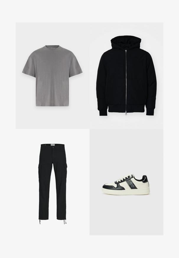 Fekete kapucnis dzseki elülső cipzárral, kenguruzsebbel, bordázott mandzsettákkal és aba, egy sima fehér háttér előtt.; Szürke pamut póló kerek nyakkivágással, rövid ujjakkal és laza fazonnal. Sima textúra, nincsenek látható minták vagy díszítések.; Fekete cargo nadrág egyenes szabással, oldalzsebekkel, gombos zárással és rugalmas húzózsinórral a bokáknál. Tartós anyagból készült.; Fekete és krém színű bőrsneaker, perforált díszítésekkel, párnázott bokapánttal és texturált talppal.