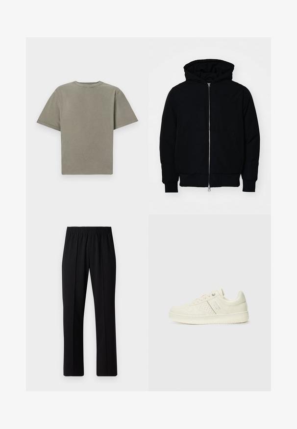 Juodas gobtuvėlis su priekiniu užtrauktuku, kengūros tipo kišene, lygiais rankogaliais ir apvadu, pateiktas ant vientiso balto fono.; Trumpas rankovėmis, apvalia iškirpte marškinėliai ryškią žalią spalvą. Pagaminti iš minkštos medvilnės, turi lygų paviršių ir švarias kraštines. Nėra matomų logotipų ar raštų.; Juodos, elastingos juosmens kelnės su tiesiomis kojomis, turinčios lygų paviršių ir be matomų raštų ar detalių.; Kremo spalvos sportbačiai su perforuotomis detalėmis, raišteliais ir logotipu šone, išdėstyti prieš paprastą baltą foną.