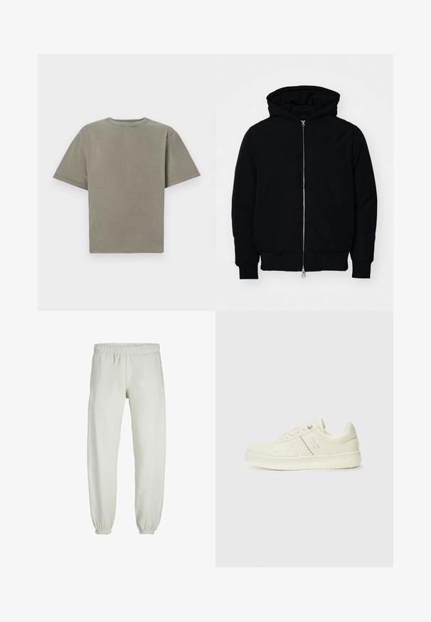 Juodas gobtuvėlis su priekiniu užtrauktuku, kengūros tipo kišene, lygiais rankogaliais ir apvadu, pateiktas ant vientiso balto fono.; Trumpas rankovėmis, apvalia iškirpte marškinėliai ryškią žalią spalvą. Pagaminti iš minkštos medvilnės, turi lygų paviršių ir švarias kraštines. Nėra matomų logotipų ar raštų.; Baltos sportinės kelnės, pagamintos iš minkštos medžiagos, su elastinga juosmeniu ir rankogaliais, turinčios lygią tekstūrą ir laisvą siluetą.; Kremo spalvos sportbačiai su perforuotomis detalėmis, raišteliais ir logotipu šone, išdėstyti prieš paprastą baltą foną.