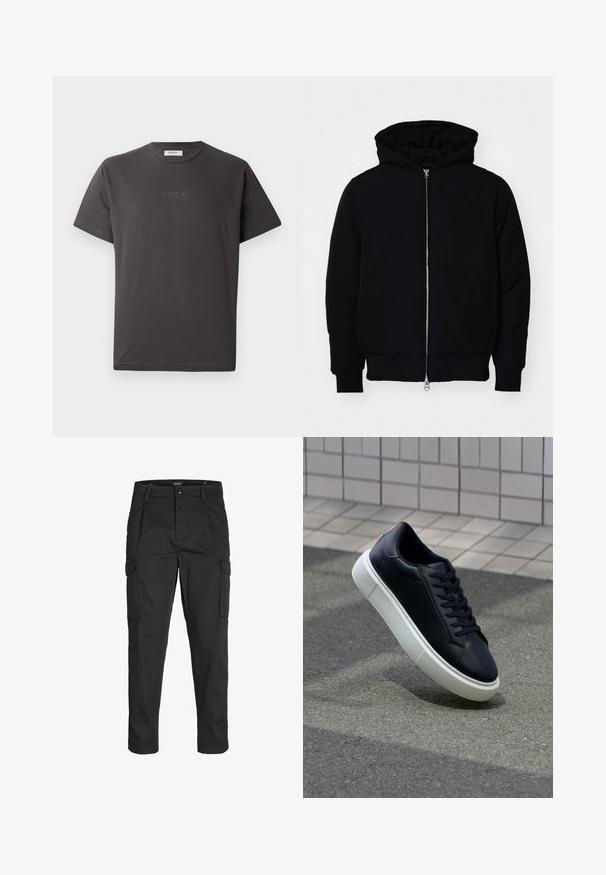 Fekete kapucnis dzseki elülső cipzárral, kenguruzsebbel, bordázott mandzsettákkal és aba, egy sima fehér háttér előtt.; Sötét szürke, rövid ujjú pamut póló, amelyen finom dombornyomott "REPLAY" logó található az elején. Kerek nyakkivágás és laza szabás jellemzi.; Fekete cargo nadrág, amely tartós anyagból készült, több zsebet tartalmaz, gombos záródással rendelkezik, és karcsú szabású, szűkített lábakkal bír.; Fekete bőr sportcipő lekerekített orral és fehér gumitalppal. Lapos fűzőkkel és minimális varrásokkal rendelkezik a felsőrészén. Mintás talp a tapadásért.