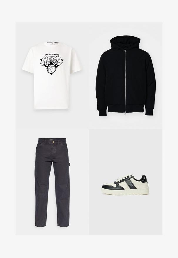 Veste à capuche noire avec fermeture éclair sur le devant, poche kangourou, poignets et ourlet côtelés, présentée sur un fond blanc uni.; T-shirt en coton blanc avec un imprimé graphique noir portant l'inscription "HOMESTAR HERO", des flammes et un design de basketball centré à l'avant.; Pantalons cargo gris foncé en tissu durable, avec une coupe droite, cinq poches et une fermeture à bouton à la taille.; Baskets en cuir avec un schéma de couleurs noir et crème, dotées d'accents perforés, d'un col rembourré et d'une semelle texturée.