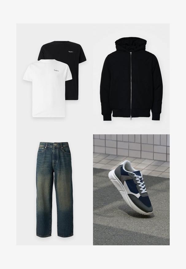 Černá kapucňová bunda s předním zipem, klokaní kapsou, vroubkovanými manžetami a spodním lemem, vystavená na čistém bílém pozadí.; Dvě trička s krátkým rukávem v černé a bílé bavlně, s malým vyšitým logem "Pepe Jeans" na hrudi. Klasický design s kulatým výstřihem.; Modré džínové kalhoty s rovný střih, s vybledlým designem a světlejšími odstíny směrem k lemu, pěti kapsami a knoflíkovým zapínáním.; Tenisky s horní částí z námornicky modré síťoviny, šedými semišovými akcenty, bílou gumovou podrážkou a plochými bílými tkaničkami, navržené pro pohodlí a prodyšnost.