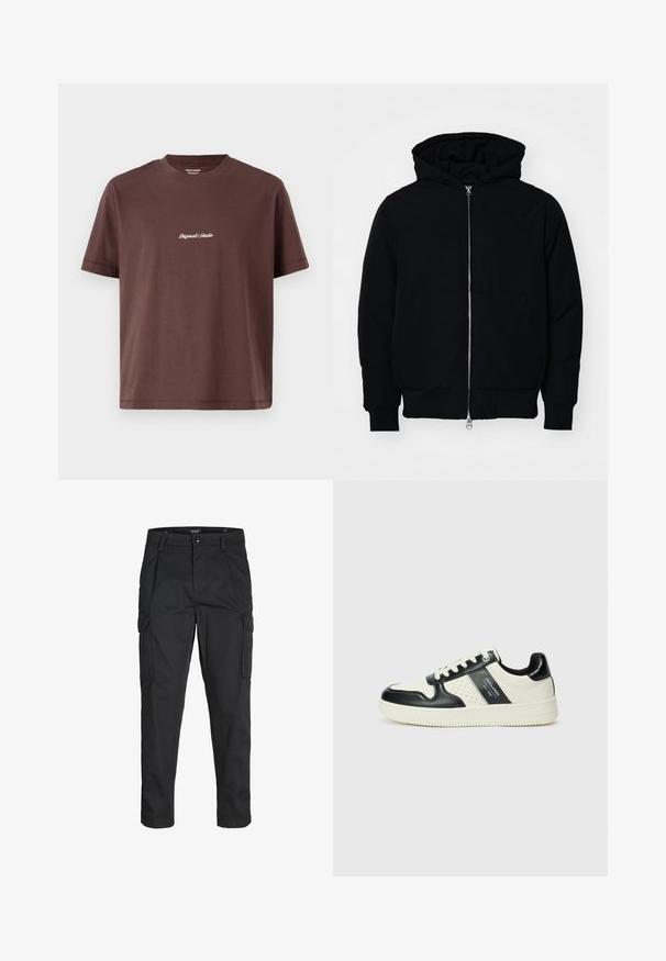 Czarna kurtka z kapturem, z suwakiem z przodu, kieszenią kangurką, ściągaczami przy mankietach i dolnym brzegu, prezentowana na jednolitym białym tle.; Brązowa bawełniana koszulka z okrągłym dekoltem. Posiada krótkie rękawy oraz centralny haftowany napis "Original Studio" w kolorze białym.; Czarne spodnie cargo wykonane z wytrzymałego materiału, z wieloma kieszeniami, zapięciem na guzik oraz zwężanym krojem nogawek.; Skórzane sneakersy w czarno-kremowym schemacie kolorystycznym, z perforowanymi akcentami, wyściełanym kołnierzem i teksturowaną podeszwą.