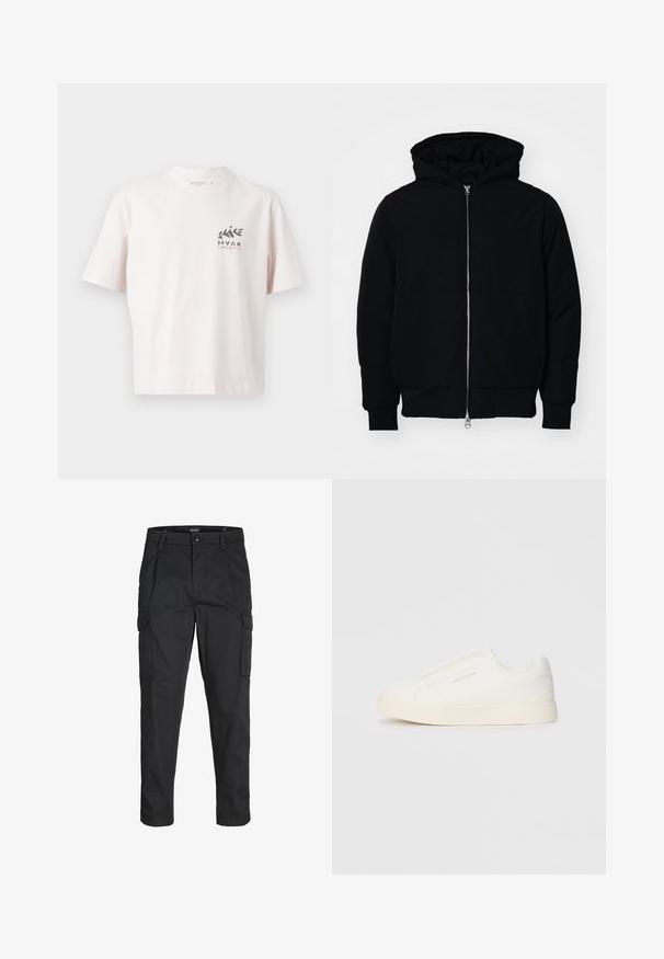 Black hooded jacket with front zipper, kangaroo pocket, ribbed cuffs, and hem, displayed on a plain white background.; White cotton t-shirt with a round neck, short sleeves, and a front graphic design featuring "HVAR" and "CROATIA" in black and pink text.; Black cargo pants made of sturdy fabric, featuring multiple pockets, a button closure, and a slim fit design with tapered legs.; White slip-on sneakers with a textured surface, a thick sole, and minimalistic design. Features brand logo on the side.