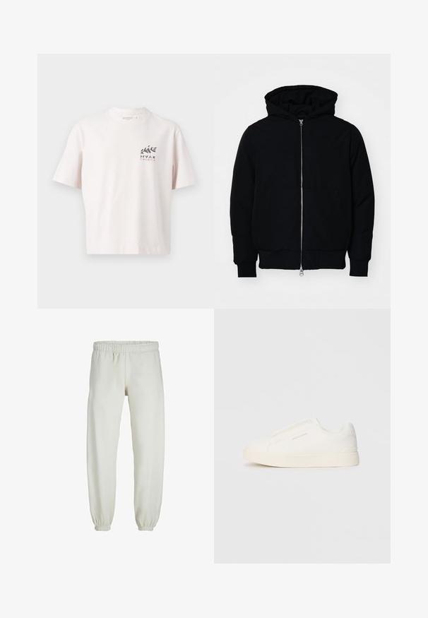 Black hooded jacket with front zipper, kangaroo pocket, ribbed cuffs, and hem, displayed on a plain white background.; White cotton t-shirt with a round neck, short sleeves, and a front graphic design featuring "HVAR" and "CROATIA" in black and pink text.; White sweatpants made from soft fabric, featuring an elastic waistband and cuffs, with a smooth texture and loose-fitting design.; White slip-on sneakers with a textured surface, a thick sole, and minimalistic design. Features brand logo on the side.