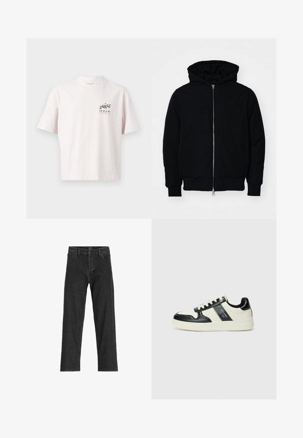 Giacca nera con cappuccio, dotata di zip frontale, tasca a marsupio, polsini e orlo a coste, esposta su uno sfondo bianco semplice.; T-shirt bianca in cotone con scollo rotondo, maniche corte e una grafica frontale che presenta "HVAR" e "CROAZIA" in testo nero e rosa.; Jeans in denim nero con un design a gamba dritta, dotati di zip, passanti per cintura e sei tasche, realizzati in un resistente tessuto misto cotone.; Sneakers in pelle con una combinazione di colori nero e crema, dotati di dettagli perforati, collare imbottito e suola testurizzata.