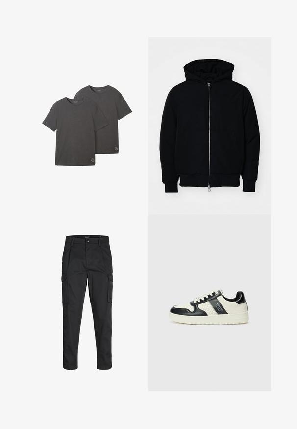 Sort hættejakke med frontlynlås, kængurulomme, ribbede manchetter og kant, præsenteret på en ensfarvet hvid baggrund.; To korte ærmelige t-shirts i kulgrå, lavet af blød bomuldsblanding, med en rund hals og en lille logo-detalje i kanten.; Sorte cargo-bukser lavet af slidstærkt stof, der har flere lommer, en knaplukning og et slim fit design med smalle ben.; Lædersneakers i sort og creme farveskema, med perforerede detaljer, en polstret krave og en struktureret ydersål.