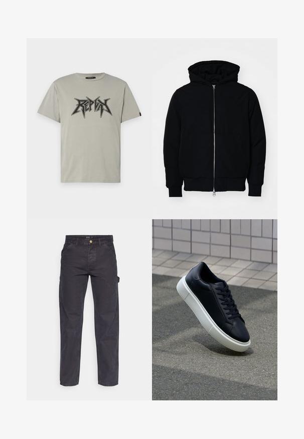 Sort hættejakke med frontlynlås, kængurulomme, ribbede manchetter og kant, præsenteret på en ensfarvet hvid baggrund.; Lys grå bomulds t-shirt med et sort grafiklogo med skarpe bogstaver. Korte ærmer og standard crew neck-design.; Mørkegrå cargo-bukser lavet af slidstærkt stof, med lige ben, fem lommer og en knaplukning i taljen.; Sort lædersneaker med rund tå og hvid gummisål. Har flade snørebånd og minimal syning på overdelen. Tekstureret sål for bedre greb.