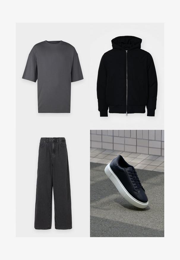 Zwarte hoodie met rits aan de voorkant, kangoeroe-pocket, geribbelde manchetten en zoom, weergegeven op een effen witte achtergrond.; Oversized donkergrijs T-shirt van zachte katoen, met een klassieke ronde hals, korte mouwen en een eenvoudige, gladde textuur.; Brede pijpen, hooggewaste zwarte denim broek met een sluiting met een knoop en rits aan de voorkant, voorzien van zijzakken en een soepele textuur.; Zwarte leren sneaker met een ronde neus en een witte rubberen zool. Voorzien van platte veters en minimale stiksels op het bovenwerk. Textuurrijke zool voor grip.