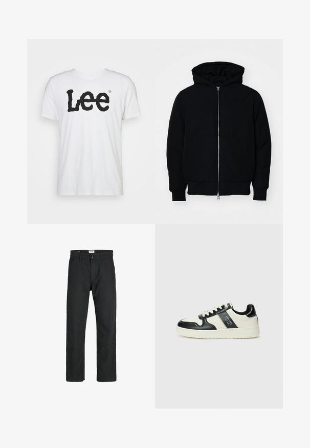 Giacca nera con cappuccio, dotata di zip frontale, tasca a marsupio, polsini e orlo a coste, esposta su uno sfondo bianco semplice.; T-shirt bianca in cotone con un grande logo "Lee" nero in un carattere ondulato sul petto. Maniche corte e design a girocollo.; Pantaloni neri realizzati in tessuto resistente, caratterizzati da un design a gamba dritta, dettagli cuciti e due tasche frontali per la funzionalità.; Sneakers in pelle con una combinazione di colori nero e crema, dotati di dettagli perforati, collare imbottito e suola testurizzata.