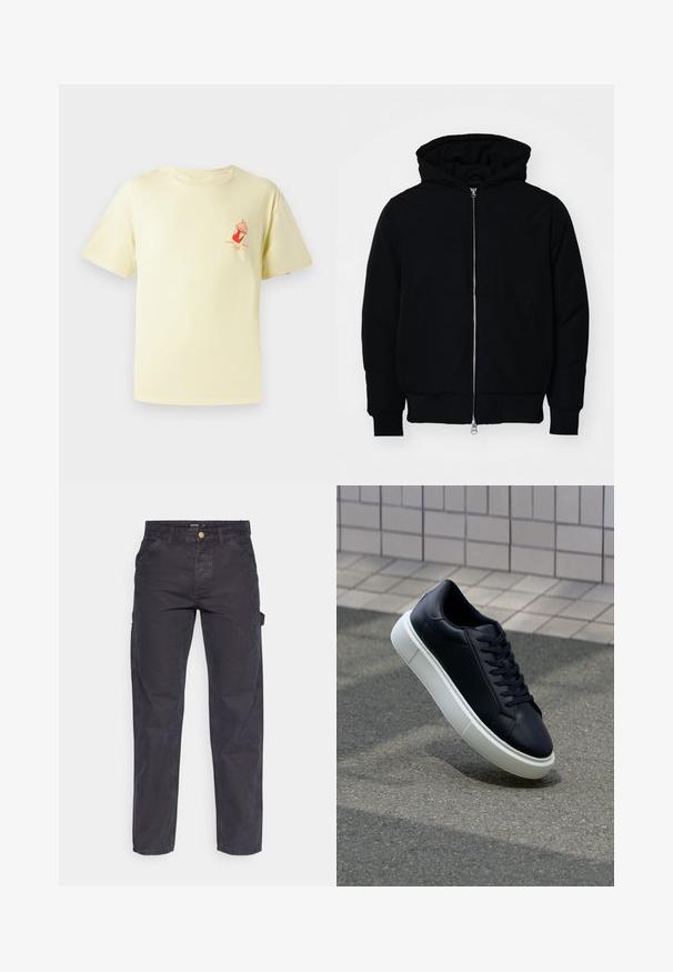 Sort hættejakke med frontlynlås, kængurulomme, ribbede manchetter og kant, præsenteret på en ensfarvet hvid baggrund.; Lys gul bomulds T-shirt med rund hals og korte ærmer; har et rødt grafik af en iskop på venstre bryst.; Mørkegrå cargo-bukser lavet af slidstærkt stof, med lige ben, fem lommer og en knaplukning i taljen.; Sort lædersneaker med rund tå og hvid gummisål. Har flade snørebånd og minimal syning på overdelen. Tekstureret sål for bedre greb.