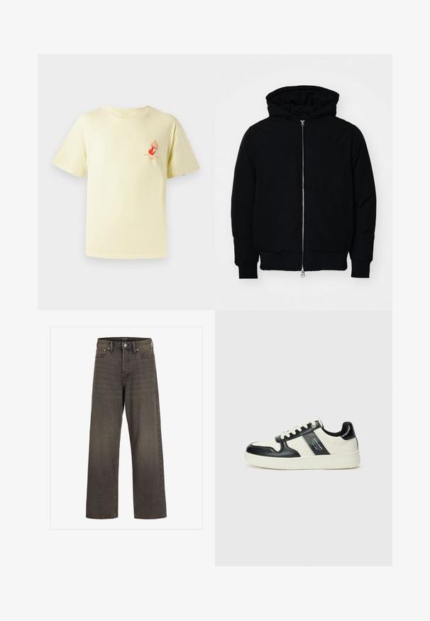 Black hooded jacket with front zipper, kangaroo pocket, ribbed cuffs, and hem, displayed on a plain white background.; Light yellow cotton t-shirt with a crew neck and short sleeves; features a red graphic of an ice cream cup on the left chest.; Wide-leg jeans in dark grey denim, featuring a high waist, classic five-pocket design, and contrasting stitching along the seams.; Leather sneakers with a black and cream color scheme, featuring perforated accents, a padded collar, and a textured outsole.