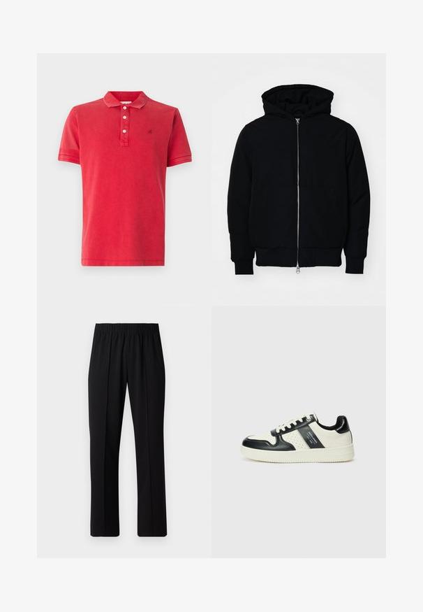 Zwarte hoodie met rits aan de voorkant, kangoeroe-pocket, geribbelde manchetten en zoom, weergegeven op een effen witte achtergrond.; Rode polo shirt van zachte katoen, met een klassieke kraag, vier-knopens sluiting en een subtiele logo-accent op de borst. Korte mouwen.; Zwarte, elastische broek met rechte pijpen, met een gladde textuur en zonder zichtbare patronen of hardware.; Leren sneakers met een zwart en crèmekleurig kleurenschema, voorzien van geperforeerde accenten, een gevoerde kraag en een gestructureerde buitenzool.