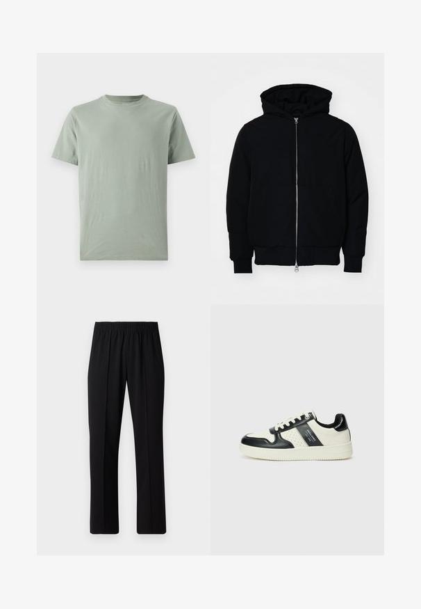 Black hooded jacket with front zipper, kangaroo pocket, ribbed cuffs, and hem, displayed on a plain white background.; GAP EVERYDAY SOFT CREW SOLID - Basic T-shirt - gasoline green; Black, elastic-waist trousers with a straight-leg design, featuring a smooth texture and no visible patterns or hardware.; Leather sneakers with a black and cream color scheme, featuring perforated accents, a padded collar, and a textured outsole.