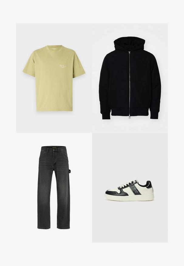 Svart huoodiejacka med framdragkedja, känguruficka, ribbade ärmslut och nederkant, uppställd mot en vit bakgrund.; Ljust grön bomulls t-shirt med korta ärmar, rund halsringning och en liten vit logotext på vänster bröstområde.; Mörkgrå denimjeans med rak passform, fem fickor, metallknappstängning och en sidstroppdetalj.; Läder sneakers med en svart och krämfärgad färgsättning, med perforerade detaljer, en vadderad krage och en strukturerad yttersula.