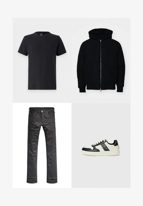 Črna kapuca jakna s sprednjim zadrgo, kenguru žepom, rebrastimi manšetami in hemom, razstavljena na enostavni beli ozadju.; Črna bombažna majica s kratkimi rokavi in okroglim ovratnikom. Gladka tekstura, običajen kroj, z logotipom GAP na ovratniku.; Črne denim jeans s klasičnim ravnim krojem. Imajo sprednje žepe, gumbasto zadrgo in subtilne šivane detajle.; Usnjeni športni čevlji z črno in krem barvno shemo, ki vključujejo perforirane dodatke, podložen ovratnik in strukturirano podplat.