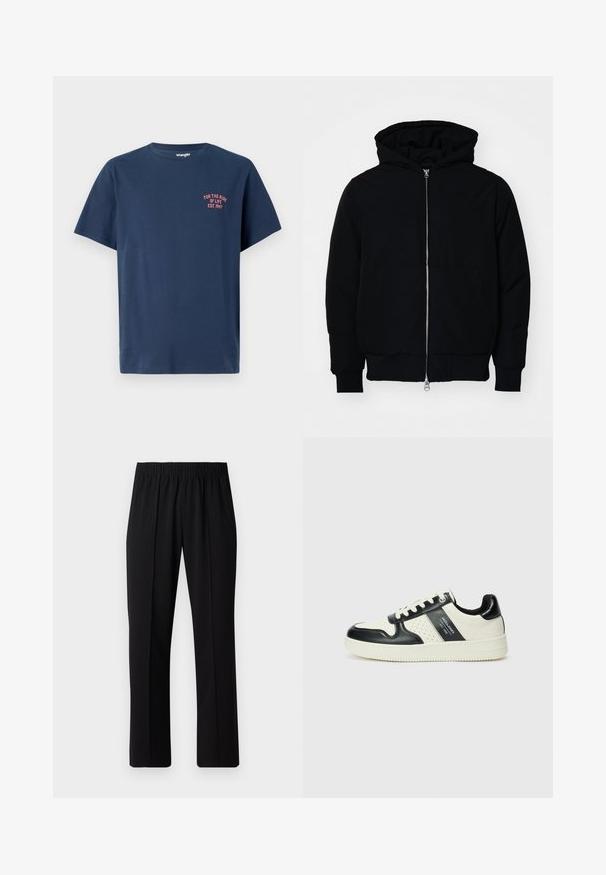 Sort hættejakke med frontlynlås, kængurulomme, ribbede manchetter og kant, præsenteret på en ensfarvet hvid baggrund.; Marineblå bomulds t-shirt med rund hals, korte ærmer og et lille rødt grafisk design på venstre bryst, der står "FOR THE RIDE OF LIFE EST. 1947."; Sorte bukser med elastisk talje og lige ben, der har en glat tekstur og ingen synlige mønstre eller hardware.; Lædersneakers i sort og creme farveskema, med perforerede detaljer, en polstret krave og en struktureret ydersål.