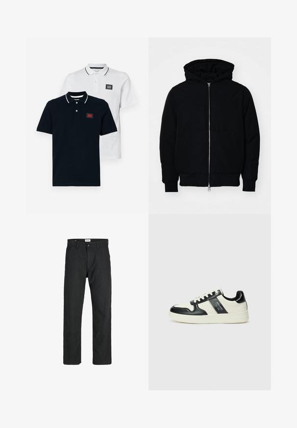 Mustaga kapuutsiga jakk, millel on esineed, kenguru tasku, soonikkoes, ja alläär, esitatud lihtsal valgel taustal.; Kaks lühikeste varrukatega polo särki navy ja valge värviga, klassikalise krae ning vastandlike triibuliste detailidega krael.; Mustad mustad, mis on valmistatud vastupidavast kangast, sirge jala disainiga, õmmeldud detailidega ja kahe eesmise taskuga funktsionaalsuse jaoks.; Nahatud nahkkingad musta ja kreemi värviskeemiga, millel on perforeeritud aktsendid, pehme krae ja tekstureeritud tallad.