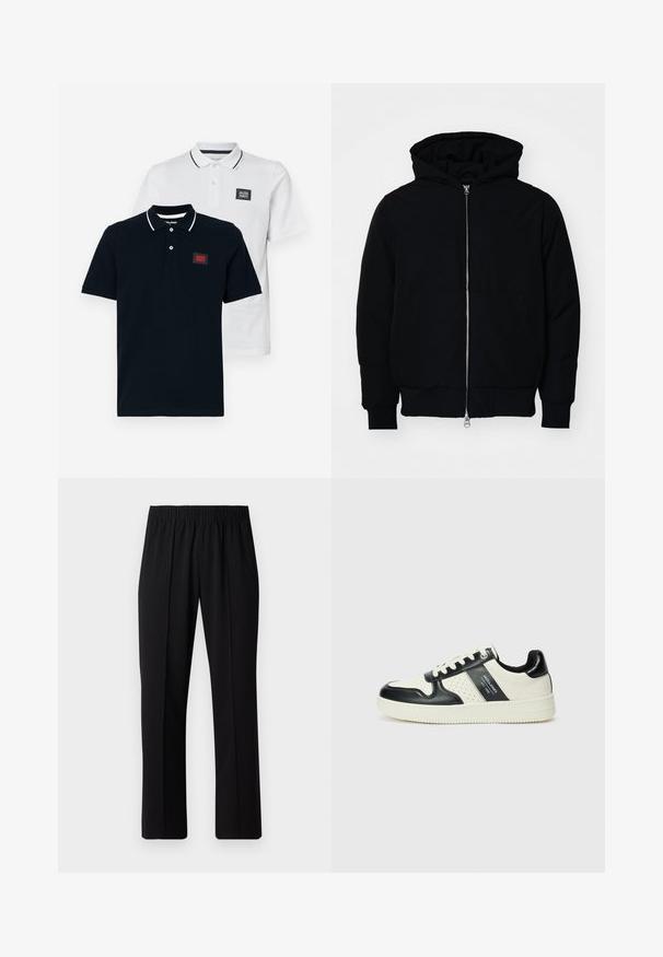 Zwarte hoodie met rits aan de voorkant, kangoeroe-pocket, geribbelde manchetten en zoom, weergegeven op een effen witte achtergrond.; Twee polo shirts in marineblauw en wit, met korte mouwen, een klassieke kraag en contrasterende gestreepte details op de kraag.; Zwarte, elastische broek met rechte pijpen, met een gladde textuur en zonder zichtbare patronen of hardware.; Leren sneakers met een zwart en crèmekleurig kleurenschema, voorzien van geperforeerde accenten, een gevoerde kraag en een gestructureerde buitenzool.