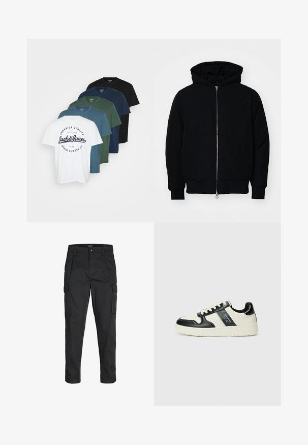 Mustaga kapuutsiga jakk, millel on esineed, kenguru tasku, soonikkoes, ja alläär, esitatud lihtsal valgel taustal.; Viie puuvillase T-särgi komplekt erinevates värvides: valge, tume roheline, tumesinine, smaragdroheline ja must. Valgel särgil on logo.; Mustad mustapõlvik, mis on valmistatud tugeva koe kasutades, sisaldab mitmeid taskuid, nupule kinnitatav sulgemine ja kitsenev disain.; Nahatud nahkkingad musta ja kreemi värviskeemiga, millel on perforeeritud aktsendid, pehme krae ja tekstureeritud tallad.