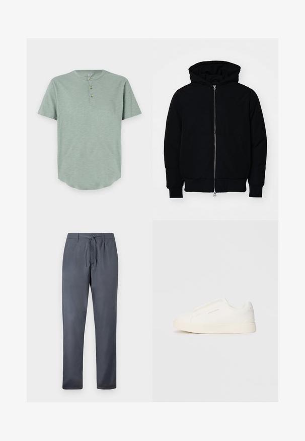 Jachetă neagră cu glugă, cu fermoar în față, buzunar tip kangaroo, mansete și tiv ribbed, prezentată pe un fundal alb simplu.; Cămașă henley verde mentă cu mânecă scurtă, fabricată dintr-un material moale, cu decolteu rotund și bătătură cu trei nasturi, având un tiv rotunjit.; Pantaloni gri dintr-un material neted, cu închidere prin şnur şi buzunare laterale. Model cu picioare drepte, cu un finisaj curat.; Tenisi albi slip-on cu o suprafață texturată, talpă groasă și un design minimalist. Prezintă logo-ul brandului pe lateral.