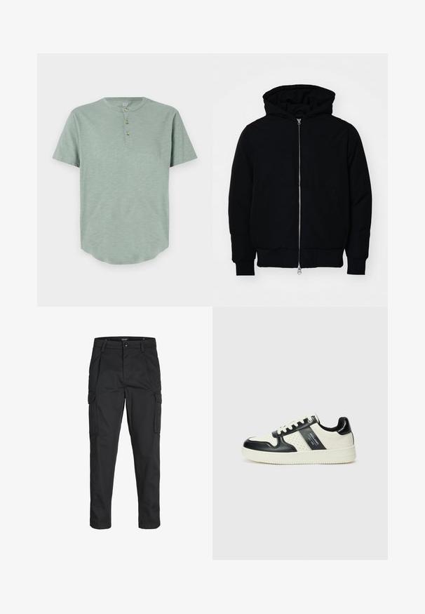 Jachetă neagră cu glugă, cu fermoar în față, buzunar tip kangaroo, mansete și tiv ribbed, prezentată pe un fundal alb simplu.; Cămașă henley verde mentă cu mânecă scurtă, fabricată dintr-un material moale, cu decolteu rotund și bătătură cu trei nasturi, având un tiv rotunjit.; Pantaloni cargo negri dintr-un material rezistent, cu multiple buzunare, închidere cu nasture și un design slim fit cu picioare conice.; Tenisi din piele cu un scheme de culori negru și crem, dotati cu accente perforate, guler căptușit și o talpă texturată.