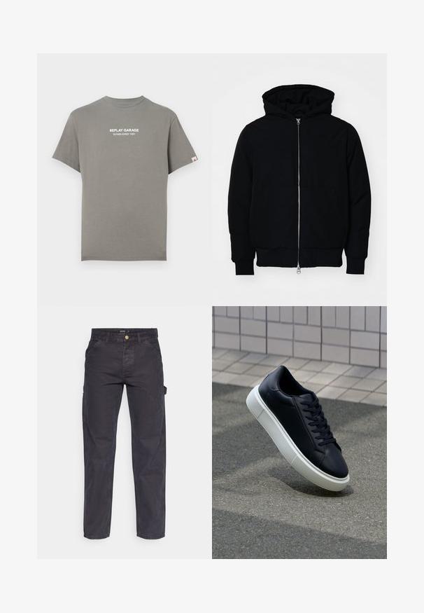 Černá kapucňová bunda s předním zipem, klokaní kapsou, vroubkovanými manžetami a spodním lemem, vystavená na čistém bílém pozadí.; Šedé tričko s krátkým rukávem a kulatým výstřihem. Na přední straně je bíle potištěný text "REPLAY GARAGE ZALOŽENO 1981". Standardní střih.; Tmavě šedé cargo kalhoty vyrobené z odolné látky, s rovnými nohavicemi, pěti kapsami a knoflíkovým zapínáním v pase.; Černé kožené tenisky s kulatou špičkou a bílou gumovou podrážkou. mají ploché tkaničky a minimální šití na svršku. Texturovaná podrážka pro lepší přilnavost.