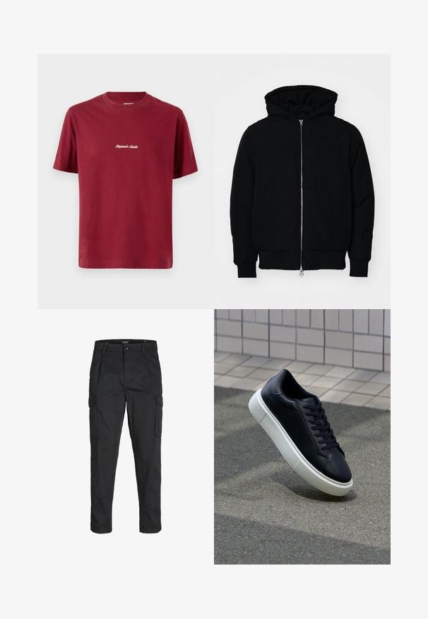 Mustaga kapuutsiga jakk, millel on esineed, kenguru tasku, soonikkoes, ja alläär, esitatud lihtsal valgel taustal.; Burgundia puuvillane T-särk lühikeste varrukatega ja ümar kaelus. Esiküljel on valgest tikandit tekst "Originals Studio".; Mustad mustapõlvik, mis on valmistatud tugeva koe kasutades, sisaldab mitmeid taskuid, nupule kinnitatav sulgemine ja kitsenev disain.; Mustast nahast tennisetoss, millel on ümar nina ja valge kummist tall. Omab siredaid paelu ja minimaalset õmblemist ülemises osas. Tekstuuriga tald, mis tagab haakuvuse.