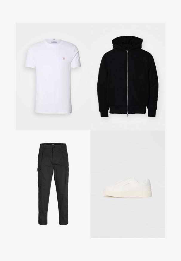 Mustaga kapuutsiga jakk, millel on esineed, kenguru tasku, soonikkoes, ja alläär, esitatud lihtsal valgel taustal.; Valge puuvillane T-särk lühikeste varrukatega, milles on väike oranž "II" logo vasakul rinnal ja ümmargune kaelus. Lihtne disain ja tekstuur.; Mustad mustapõlvik, mis on valmistatud tugeva koe kasutades, sisaldab mitmeid taskuid, nupule kinnitatav sulgemine ja kitsenev disain.; Valged libisemiskindlad tossud tekstuuriga pinnaga, paksu tallaga ja minimalistikus disainis. Küljel on brändi logo.