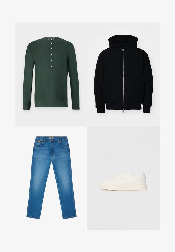 Črna kapuca jakna s sprednjim zadrgo, kenguru žepom, rebrastimi manšetami in hemom, razstavljena na enostavni beli ozadju.; Temnozeleno dolgi rokav henley majica iz bombaža, ki ima okroglo izrezano ovratnik, pet belih gumbov in rebraste manšete. Gladka tekstura.; Modre kavbojkaste hlače s ravnim krojem, ki vključujejo pet žepov, označbo na pasu in vidne šive.; Bele zapete brez vezalk z teksturirano površino, debelim podplatom in minimalističnim dizajnom. Na strani se nahaja logotip blagovne znamke.