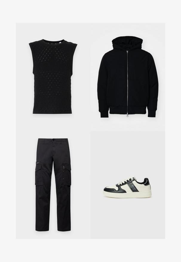 Zwarte hoodie met rits aan de voorkant, kangoeroe-pocket, geribbelde manchetten en zoom, weergegeven op een effen witte achtergrond.; Zwarte mouwloze gebreide top met een textuurpatroon van diamantvormen en kleine gaatjes. Voorzien van een ronde halslijn en ribgebreide randen.; Zwarte cargobroek met meerdere zakken, een ritszak op de dij, rechte pasvorm en stevige katoen met een subtiele glans.; Leren sneakers met een zwart en crèmekleurig kleurenschema, voorzien van geperforeerde accenten, een gevoerde kraag en een gestructureerde buitenzool.